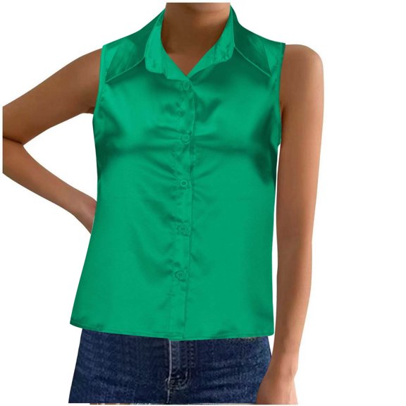 fatyb Womens Satin Tank Tops with Collar Button down Sleeveless Blouses Elegant Business Office Shirts