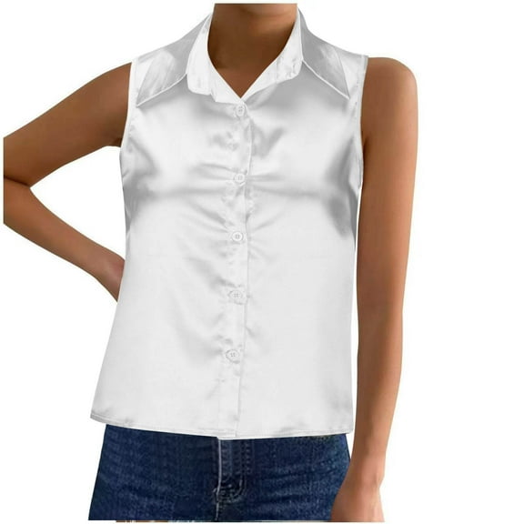 fatyb Womens Satin Tank Tops with Collar Button down Sleeveless Blouses Elegant Business Office Shirts