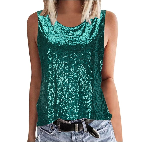 fatyb Womens Sequin Tank Tops Sleeveless Crew Neck Sparkly Shirts Fashion Glitter Clubwear Tops for Party