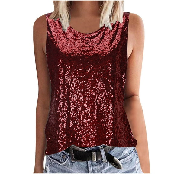 fatyb Womens Sequin Tank Tops Sleeveless Crew Neck Sparkly Shirts Fashion Glitter Clubwear Tops for Party