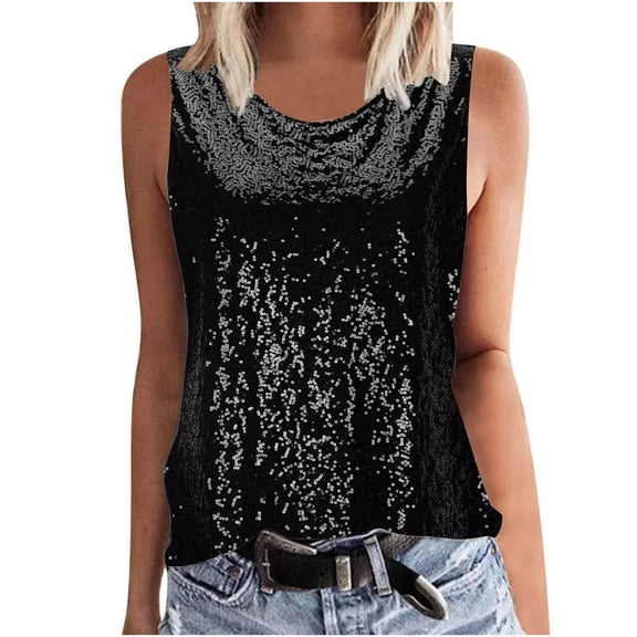 fatyb Womens Sequin Tank Tops Sleeveless Crew Neck Sparkly Shirts Fashion Glitter Clubwear Tops for Party