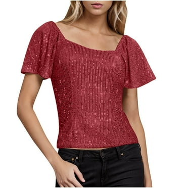 fatyb Womens Sequin Tops Sparkly Square Neck Party Shirts Short Sleeve Glitter Dressy Blouses for Club