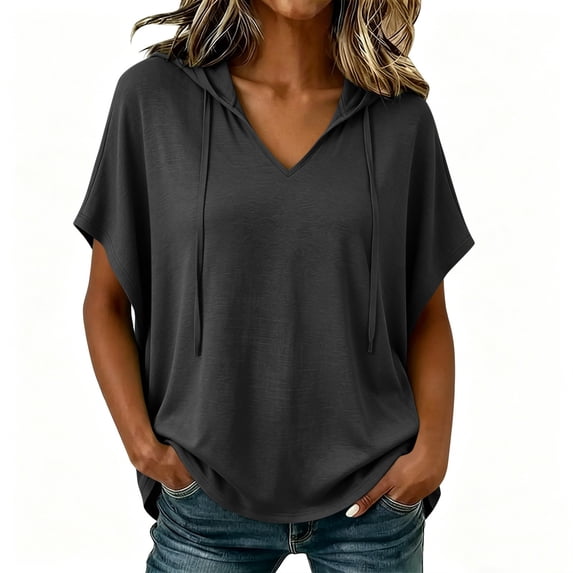 fatyb Womens Short Sleeve Hoodies V Neck Drawstring Pullover Tops Lightweight Summer Shirts with Hood