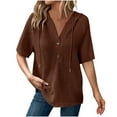 thumbnail image 1 of fatyb Womens Short Sleeve Tops with Hood Drawstring Button V Neck Hoodie Shirts Casual Plain Blouses, 1 of 7
