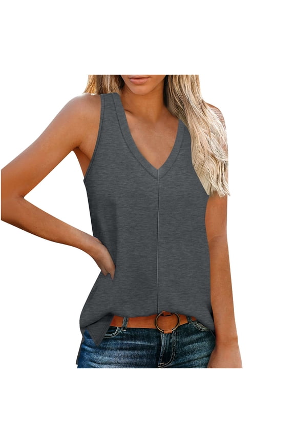 Womens Sleeveless V Neck Tank Tops Split Casual Loose Tshirts Solid Color Comfy Tee Blouses