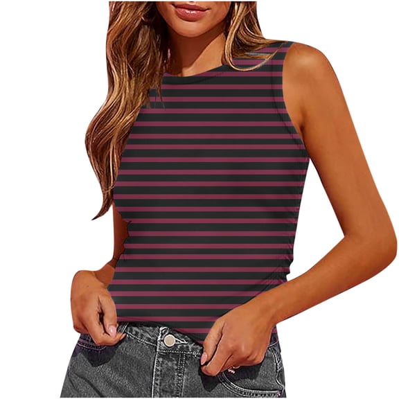 fatyb Womens Slim Striped Tank Tops Sleeveless Crewneck Ruched Blouses Summer Casual Basic Tee Tops