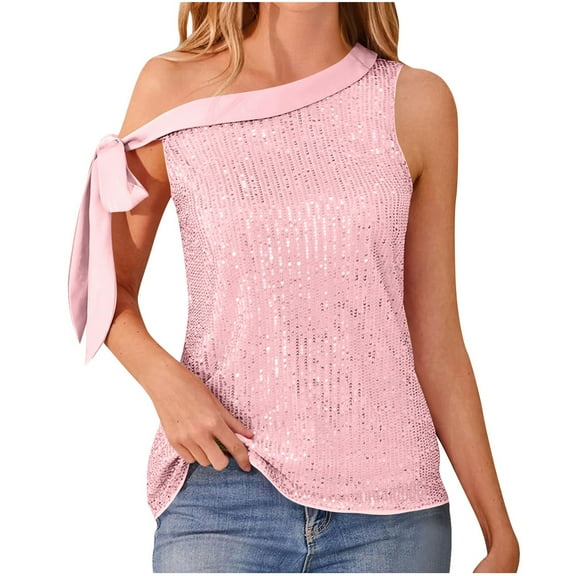 fatyb Womens Sparkly Sequin Tank Tops Glitter One Shoulder Dressy Tops Sleeveless Club Party Shirts