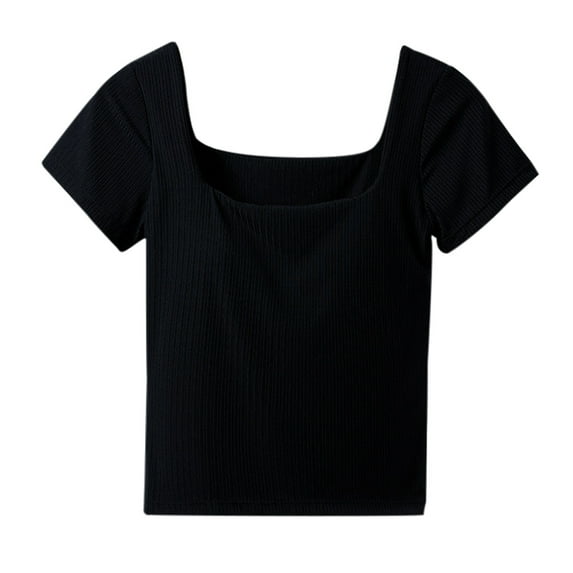 fatyb Womens Square Neck T Shirts Built-In Bra Casual Going out Crop Tee Slim Plain Summer Basic Tops