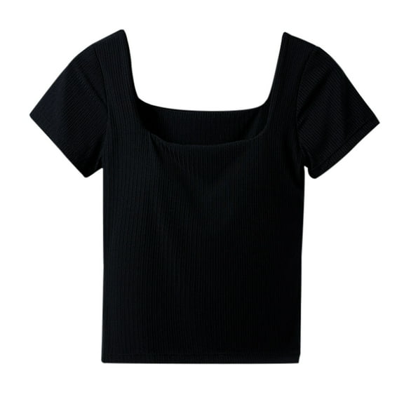 fatyb Womens Square Neck T Shirts Built-In Bra Casual Going out Crop Tee Slim Plain Summer Basic Tops