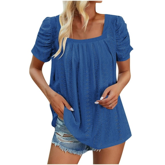 fatyb Womens Square Neck Tops Short Sleeve Pleated Eyelet Tshirts Casual Loose Solid Color Summer Blouses