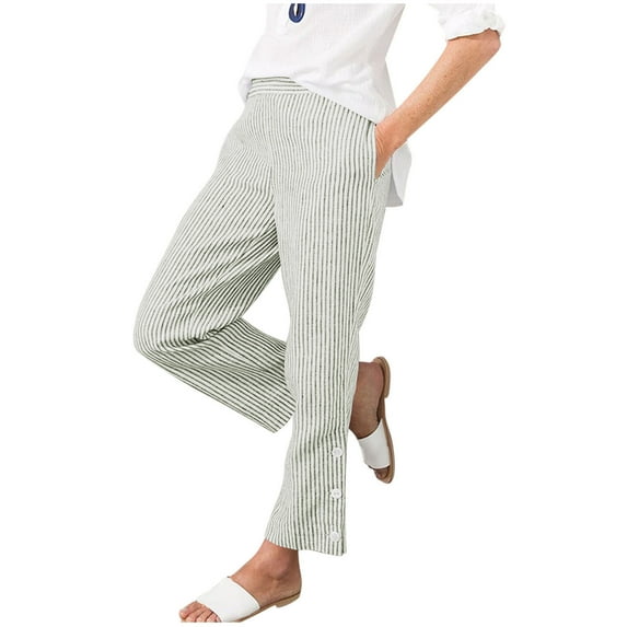 fatyb Womens Stripe Casual Pants with Pockets Elastic High Waist Lightweight Loose Trousers for Women