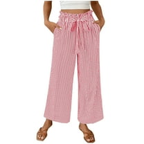 fatyb Womens Stripe Casual Pants with Pockets Elastic High Waist Lightweight Loose Trousers for Women