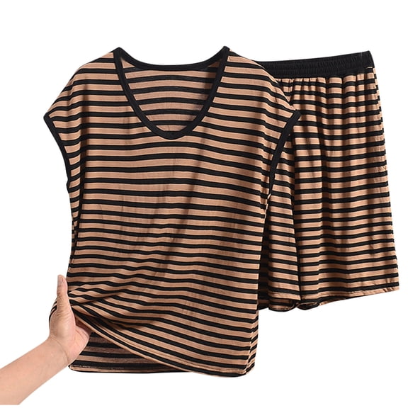 fatyb Womens Stripe Pajamas Sets V Neck Short Sleeve Tops Loungewear Shorts 2 Piece Ladies Pjs Outfits