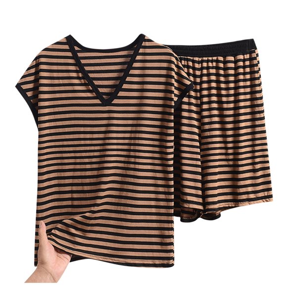 fatyb Womens Stripe Pajamas Sets V Neck Short Sleeve Tops Loungewear Shorts 2 Piece Ladies Pjs Outfits