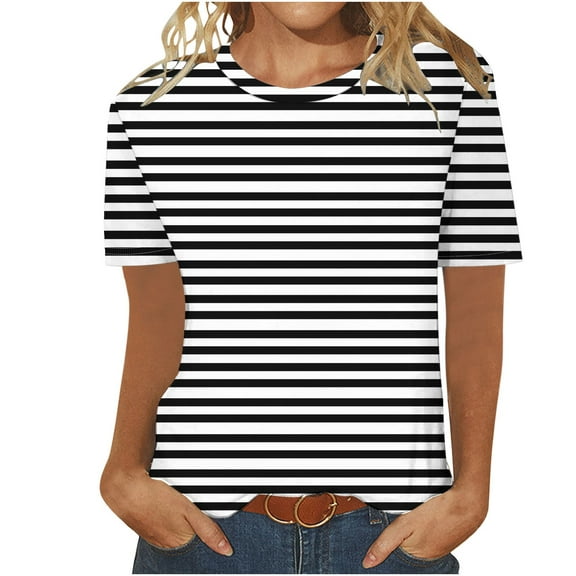fatyb Womens Striped Short Sleeve T Shirts Casual Crewneck Summer Tops Lightweight Tee Blouses for Women