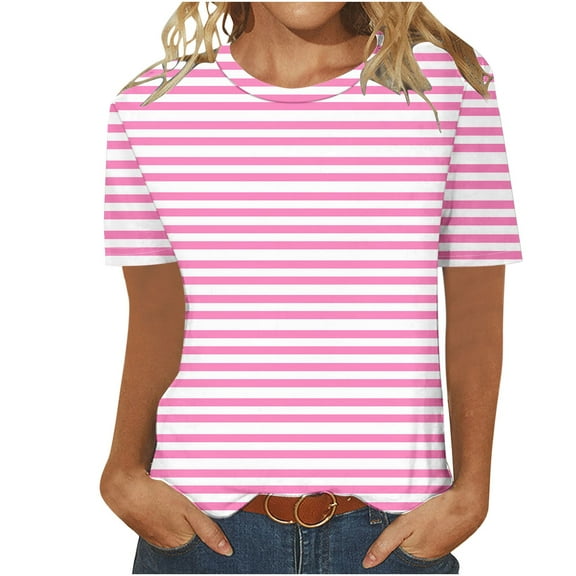fatyb Womens Striped Short Sleeve T Shirts Casual Crewneck Summer Tops Lightweight Tee Blouses for Women