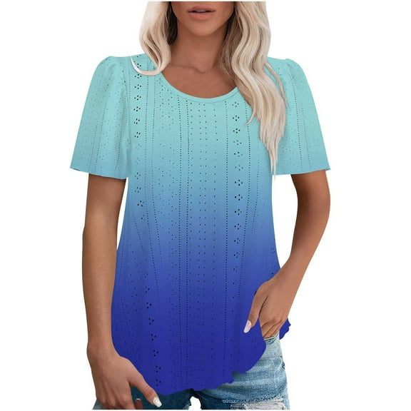 fatyb Womens Summer Eyelet Shirts Short Sleeve Gradient Tunic Tops Color Casual Loose Dressy Blouses