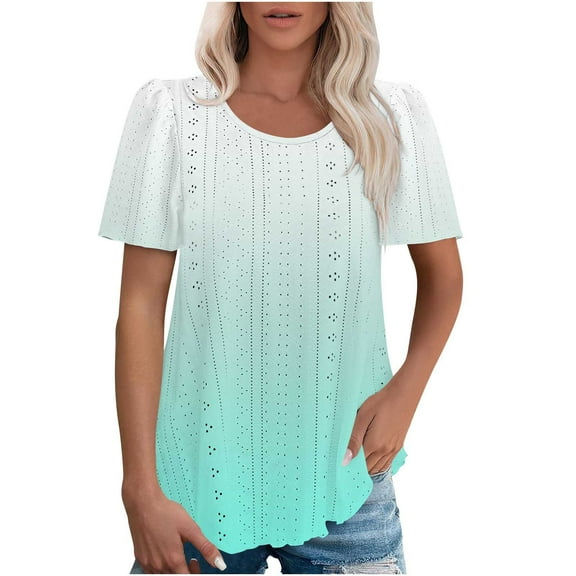 fatyb Womens Summer Eyelet Shirts Short Sleeve Gradient Tunic Tops Color Casual Loose Dressy Blouses
