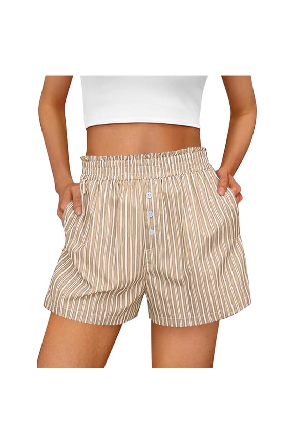 Womens Summer Striped Shorts Lounge Boxer Shorts Elastic Waist Casual Bottom Shorts with Pockets