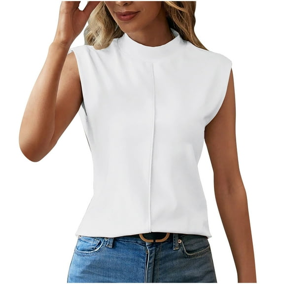 fatyb Womens Summer Tank Tops High Neck Cap Sleeve Casual Tshirts Sleeveless Solid Color Basic Tee Tops