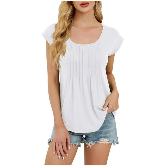 fatyb Womens Summer Tops Cap Sleeve Pleated Tshirts Solid Color Round Neck Loose Tunic Casual Blouses