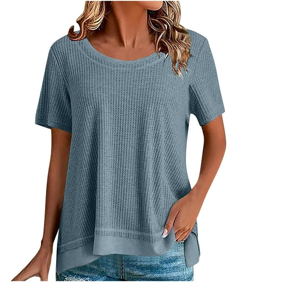 fatyb Womens Summer Tops Casual Crew Neck Tee Shirts Short Sleeve Solid Color Pullover Loose Blouses