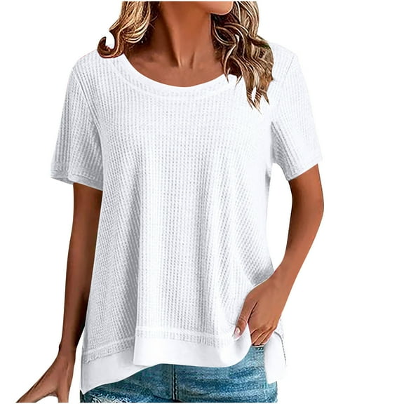 fatyb Womens Summer Tops Casual Crew Neck Tee Shirts Short Sleeve Solid Color Pullover Loose Blouses