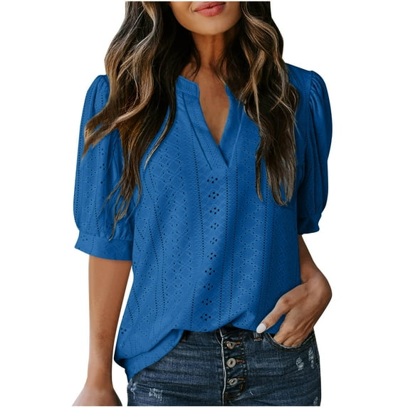 fatyb Womens Summer Tops Puff Short Sleeve Eyelet Embroidery Tshirts V Neck Hollow out Beach Blouses