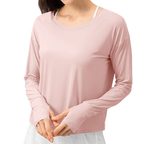 fatyb Womens Sun Protection Shirts Long Sleeve Crop T Shirts Crewneck Loose Lightweight Workout Tees