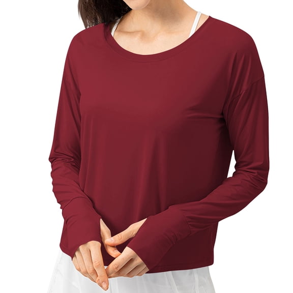 fatyb Womens Sun Protection Shirts Long Sleeve Crop T Shirts Crewneck Loose Lightweight Workout Tees