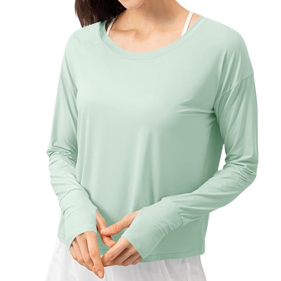 fatyb Womens Sun Protection Shirts Long Sleeve Crop T Shirts Crewneck Loose Lightweight Workout Tees