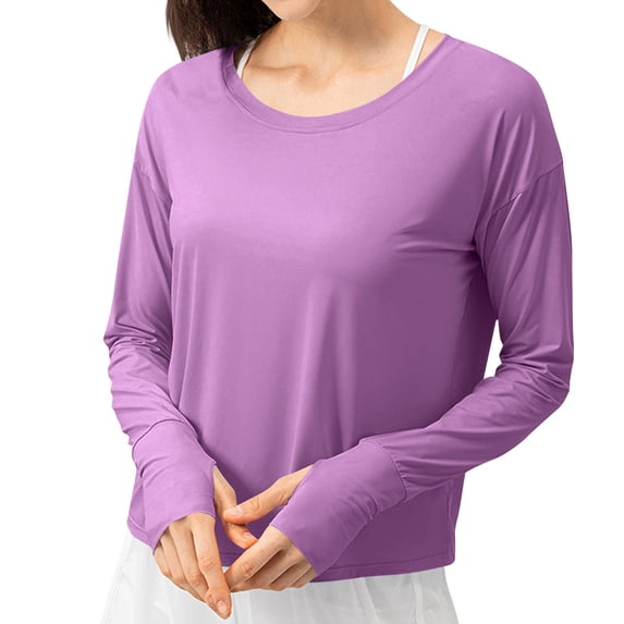 fatyb Womens Sun Protection Shirts Long Sleeve Crop T Shirts Crewneck Loose Lightweight Workout Tees