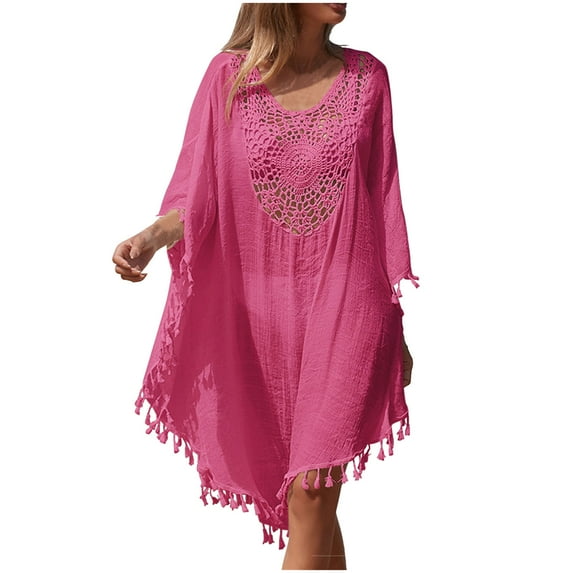 fatyb Womens Swimsuit Cover Ups Crochet Neck Bikini Wear Coverup Flowy Bathing Suit Beach Vacation Dress