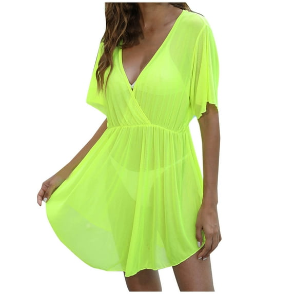 fatyb Womens Swimsuit Cover up Mesh Wrap V Neck Bikini Coverups See Through Flowy Beachwear Dress Summer