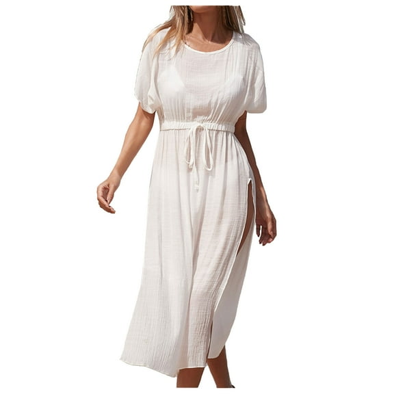 fatyb Womens Swimsuit Coverup Drawstring Bikini Cover up Short Sleeve Plain Long Flowy Dress Beachwear
