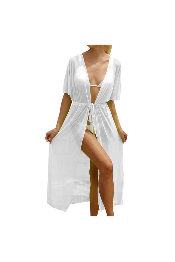 Womens Swimsuit Coverup Mesh See Through Bathing Suit Long Cardigan Open Front Cover up with Drawstring