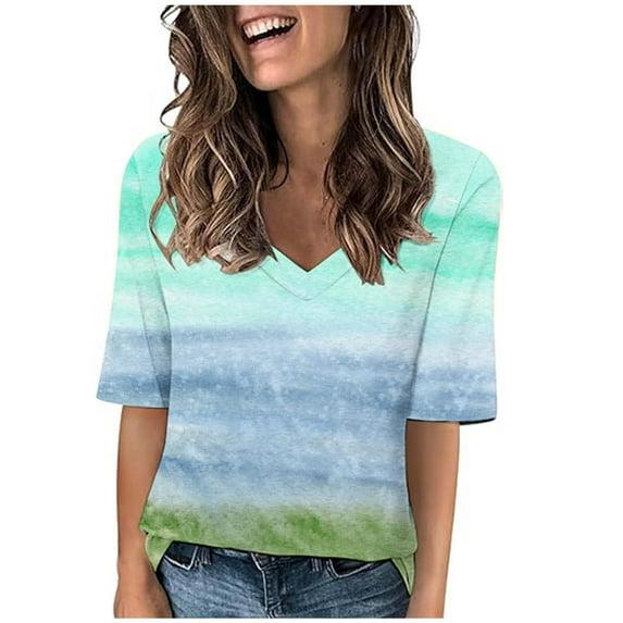 fatyb Womens T Shirt Short Sleeve V Neck Top Trendy Color Block Plus Size Tshirts Soft Casual Summer Tees