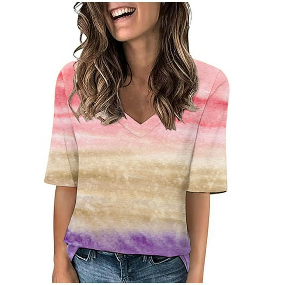 fatyb Womens T Shirt Short Sleeve V Neck Top Trendy Color Block Plus Size Tshirts Soft Casual Summer Tees