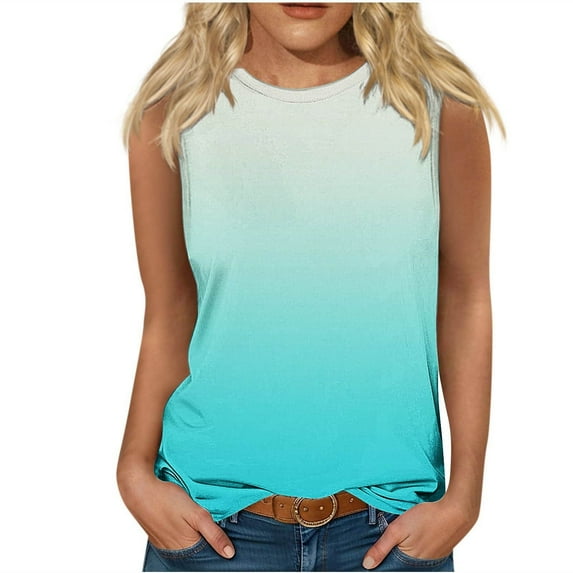 fatyb Womens Tank Tops Sleeveless Round Neck Casual T Shirts Gradient Print Summer Blouses Tees