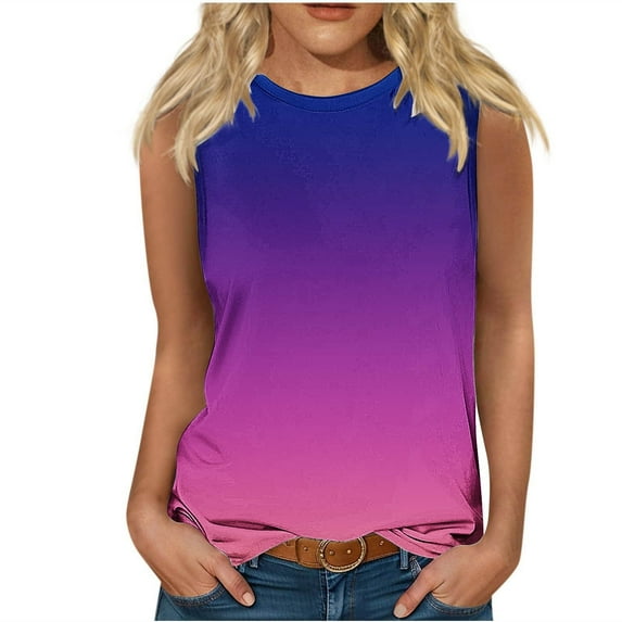 fatyb Womens Tank Tops Sleeveless Round Neck Casual T Shirts Gradient Print Summer Blouses Tees