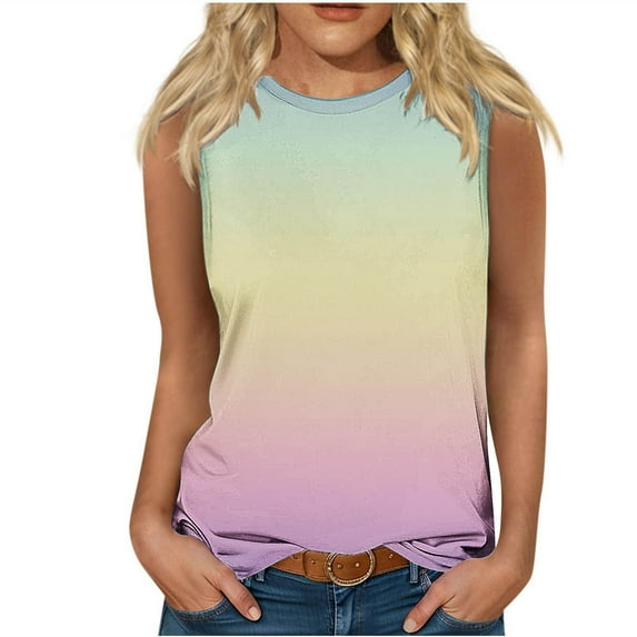 fatyb Womens Tank Tops Sleeveless Round Neck Casual T Shirts Gradient Print Summer Blouses Tees