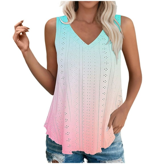 fatyb Womens Tank Tops V Neck Gradient Lightweight Eyelet Shirts Flowy Loose Summer Sleeveless Blouses