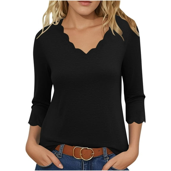 fatyb Womens Tops 3/4 Length Sleeve Loose Blouses Casual V Neck Shirts Solid Color Tee Tops for Women