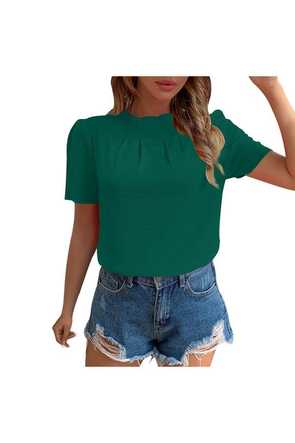 Womens Tops Dressy High Neck Casual Short Sleeve Tshirts Solid Color Pleated Blouses for Women