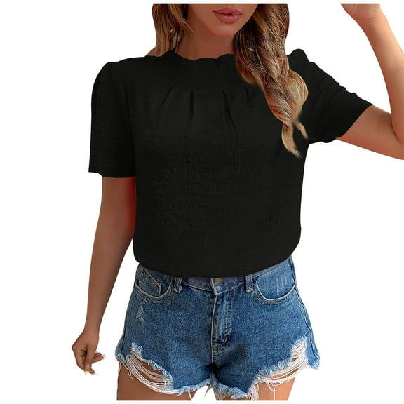 fatyb Womens Tops Dressy High Neck Casual Short Sleeve Tshirts Solid Color Pleated Blouses for Women