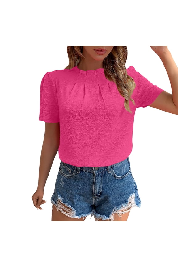 Womens Tops Dressy High Neck Casual Short Sleeve Tshirts Solid Color Pleated Blouses for Women
