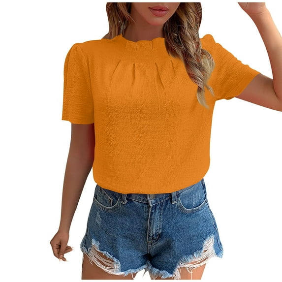 fatyb Womens Tops Dressy High Neck Casual Short Sleeve Tshirts Solid Color Pleated Blouses for Women