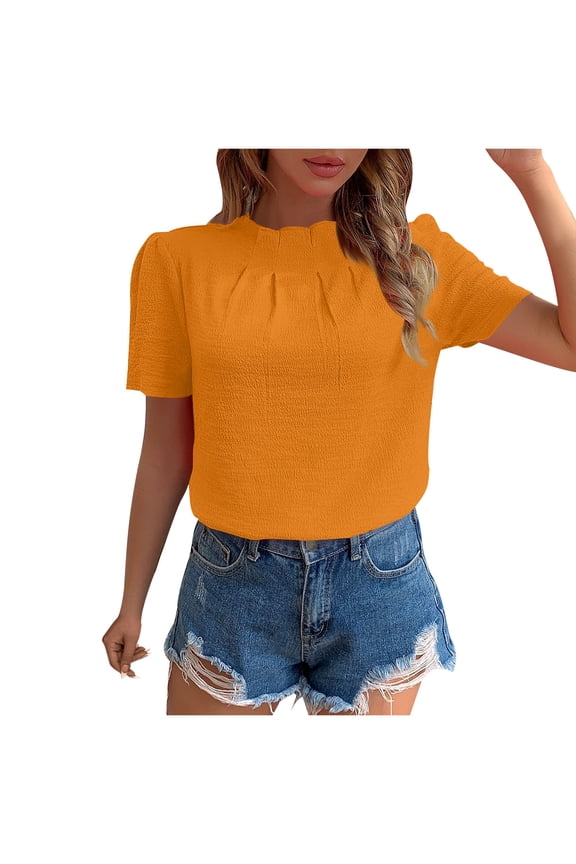 Womens Tops Dressy High Neck Casual Short Sleeve Tshirts Solid Color Pleated Blouses for Women