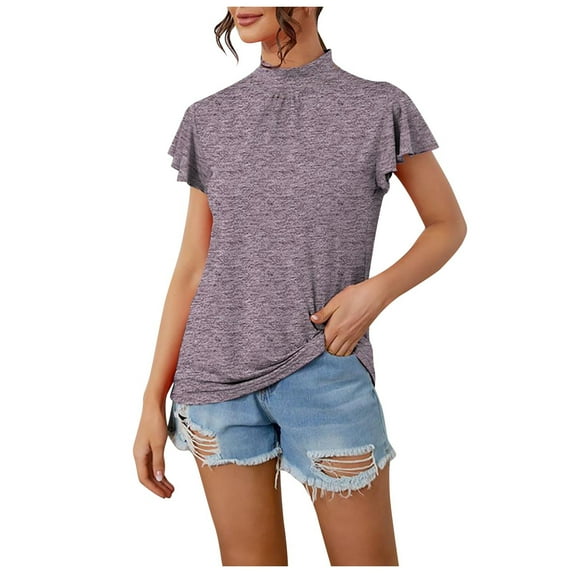 fatyb Womens Tops Mock Neck Ruffle Short Sleeve Tee Shirts Loose Casual Summer Tunic Blouses for Women