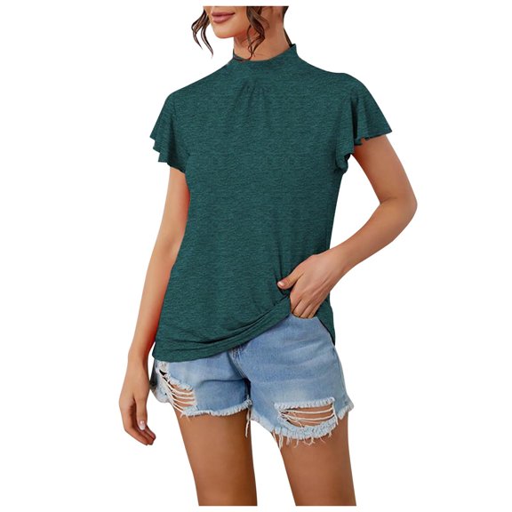 fatyb Womens Tops Mock Neck Ruffle Short Sleeve Tee Shirts Loose Casual Summer Tunic Blouses for Women